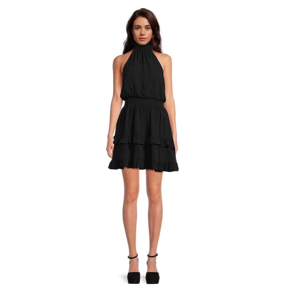 BCBG Paris High Neck Halter Smocked Ruffle Mini Dress - Size Womens XL (16-18)